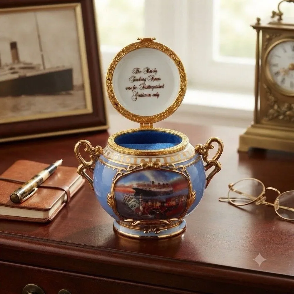 Vintage Ardleigh Elliott Titanic The Smoking Room Musical Porcelain Trinket Box